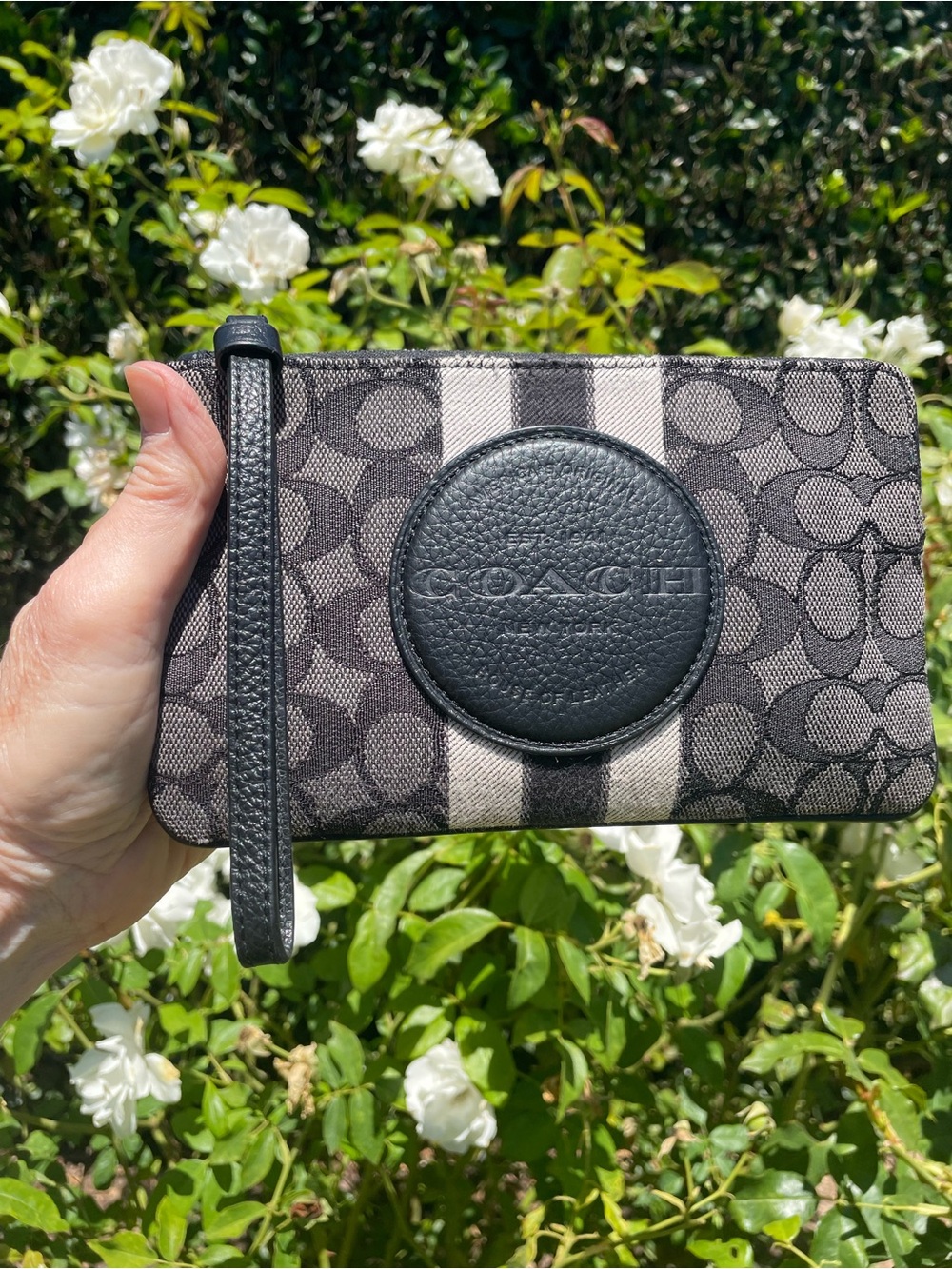 Coach Dempsey C8841 Large Corner Zip Wristlet Signature Jacquard Black Stripe